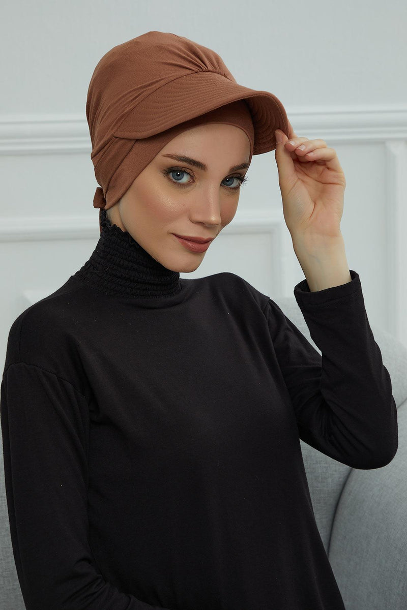 Stylish Visor Cap Instant Turban Hijab for Women, Trendy Visor Cap for Hair Loss Patients, Chemo Visor Cap, Visor Full Head Covering,B-66 Caramel Brown