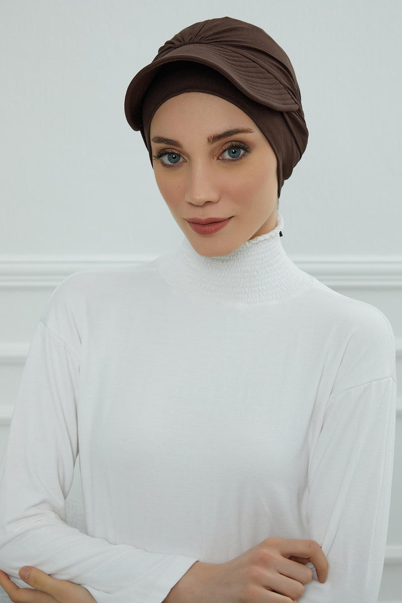 Stylish Visor Cap Instant Turban Hijab for Women, Trendy Visor Cap for Hair Loss Patients, Chemo Visor Cap, Visor Full Head Covering,B-66 Brown