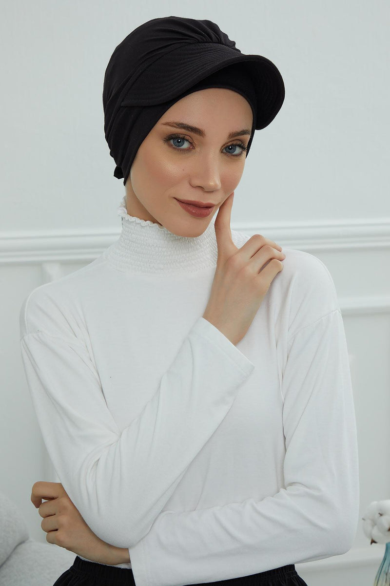 Stylish Visor Cap Instant Turban Hijab for Women, Trendy Visor Cap for Hair Loss Patients, Chemo Visor Cap, Visor Full Head Covering,B-66 Black