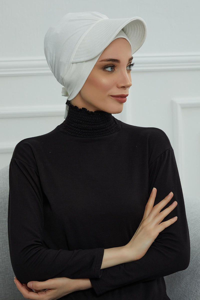 Stylish Visor Cap Instant Turban Hijab for Women, Trendy Visor Cap for Hair Loss Patients, Chemo Visor Cap, Visor Full Head Covering,B-66 Ivory