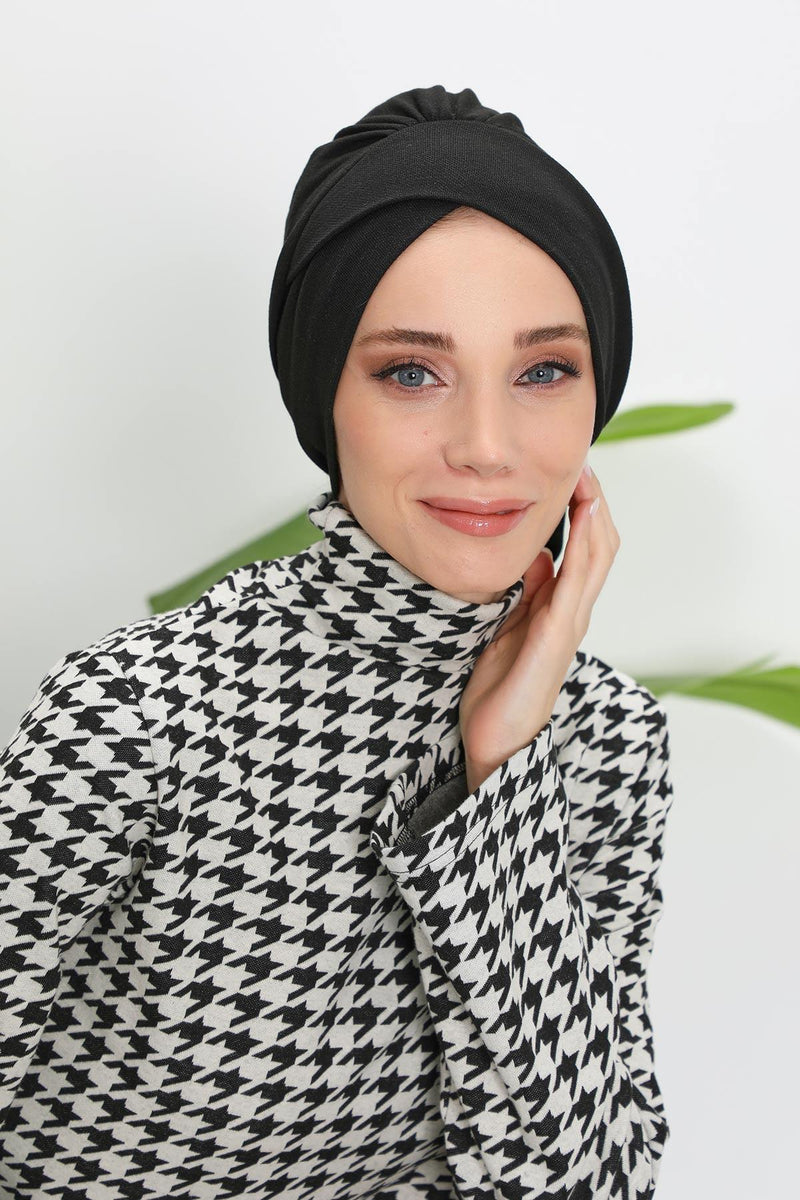 غطاء رأس شتوي أنيق مع حزام ربط خلفي، غطاء رأس من البولي فيسكوز المضلع الناعم للمواسم الباردة، عمامة فورية دافئة برباط خلفي، B-31RB