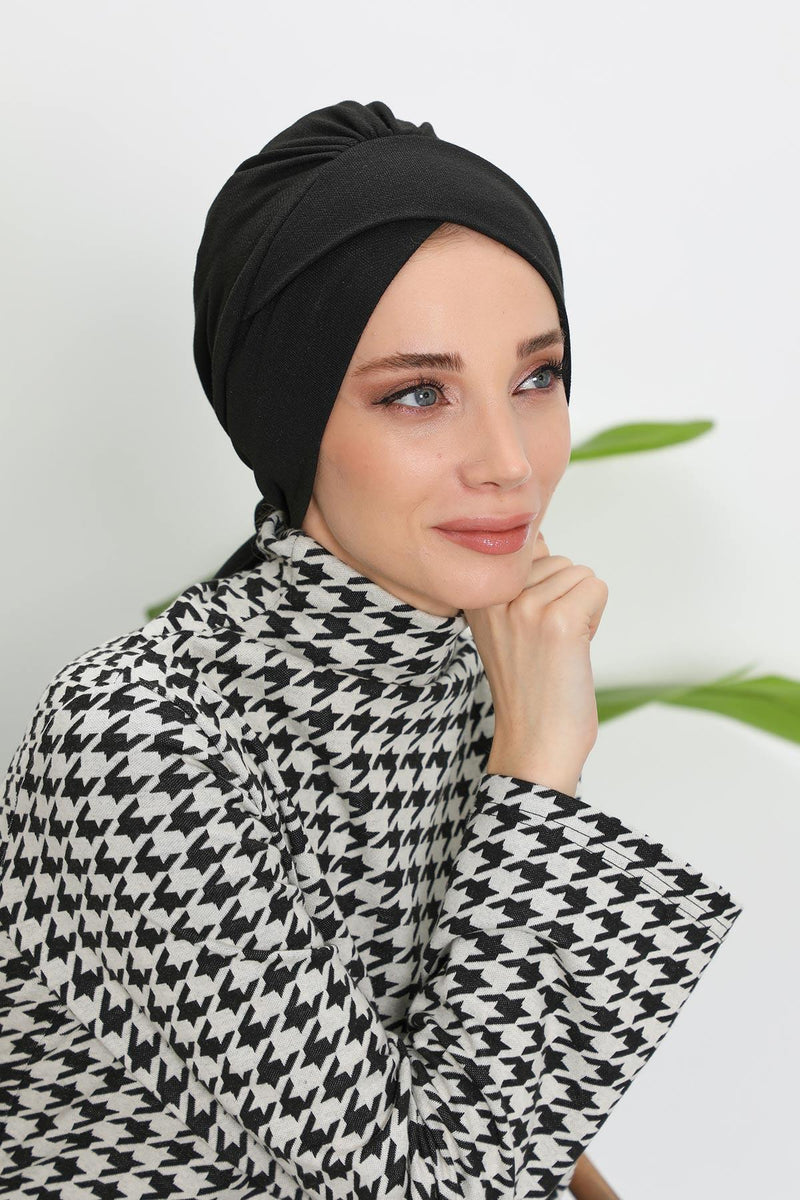 غطاء رأس شتوي أنيق مع حزام ربط خلفي، غطاء رأس من البولي فيسكوز المضلع الناعم للمواسم الباردة، عمامة فورية دافئة برباط خلفي، B-31RB