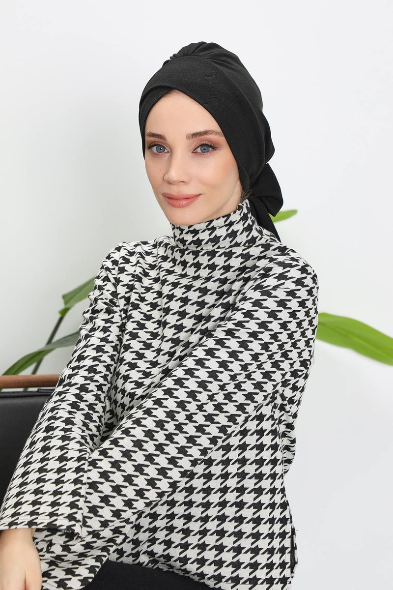 غطاء رأس شتوي أنيق مع حزام ربط خلفي، غطاء رأس من البولي فيسكوز المضلع الناعم للمواسم الباردة، عمامة فورية دافئة برباط خلفي، B-31RB