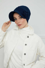 Sun Shield Visor Instant Turban with Flowers Accent, Floral Visor Cap for Women, Sun Protective Women Newsboy Hat, Cotton Chemo Bonnet,B-72 Navy Blue