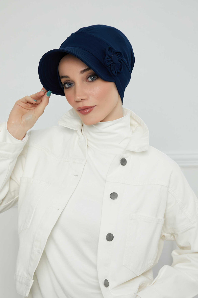 Sun Shield Visor Instant Turban with Flowers Accent, Floral Visor Cap for Women, Sun Protective Women Newsboy Hat, Cotton Chemo Bonnet,B-72 Navy Blue