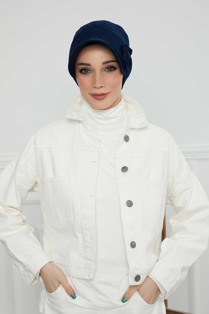 Sun Shield Visor Instant Turban with Flowers Accent, Floral Visor Cap for Women, Sun Protective Women Newsboy Hat, Cotton Chemo Bonnet,B-72 Navy Blue