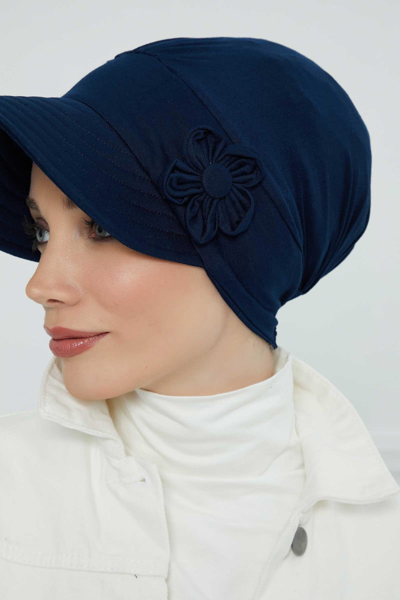 Sun Shield Visor Instant Turban with Flowers Accent, Floral Visor Cap for Women, Sun Protective Women Newsboy Hat, Cotton Chemo Bonnet,B-72 Navy Blue