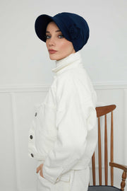 Sun Shield Visor Instant Turban with Flowers Accent, Floral Visor Cap for Women, Sun Protective Women Newsboy Hat, Cotton Chemo Bonnet,B-72 Navy Blue