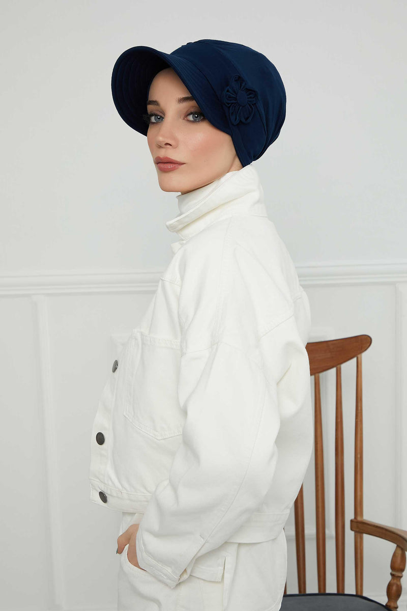 Sun Shield Visor Instant Turban with Flowers Accent, Floral Visor Cap for Women, Sun Protective Women Newsboy Hat, Cotton Chemo Bonnet,B-72 Navy Blue