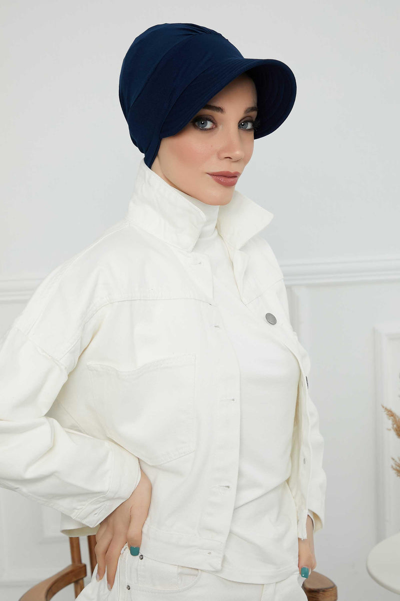 Sun Shield Visor Instant Turban with Flowers Accent, Floral Visor Cap for Women, Sun Protective Women Newsboy Hat, Cotton Chemo Bonnet,B-72 Navy Blue