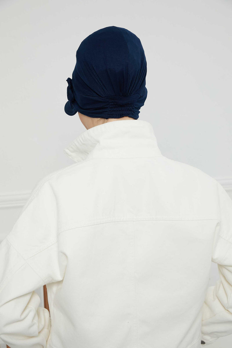 Sun Shield Visor Instant Turban with Flowers Accent, Floral Visor Cap for Women, Sun Protective Women Newsboy Hat, Cotton Chemo Bonnet,B-72 Navy Blue