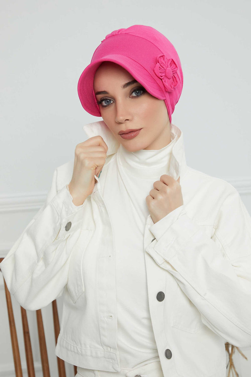 Sun Shield Visor Instant Turban with Flowers Accent, Floral Visor Cap for Women, Sun Protective Women Newsboy Hat, Cotton Chemo Bonnet,B-72 Fuchsia