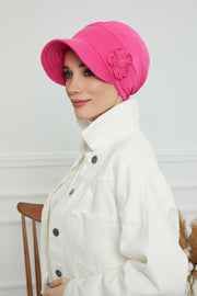 Sun Shield Visor Instant Turban with Flowers Accent, Floral Visor Cap for Women, Sun Protective Women Newsboy Hat, Cotton Chemo Bonnet,B-72 Fuchsia