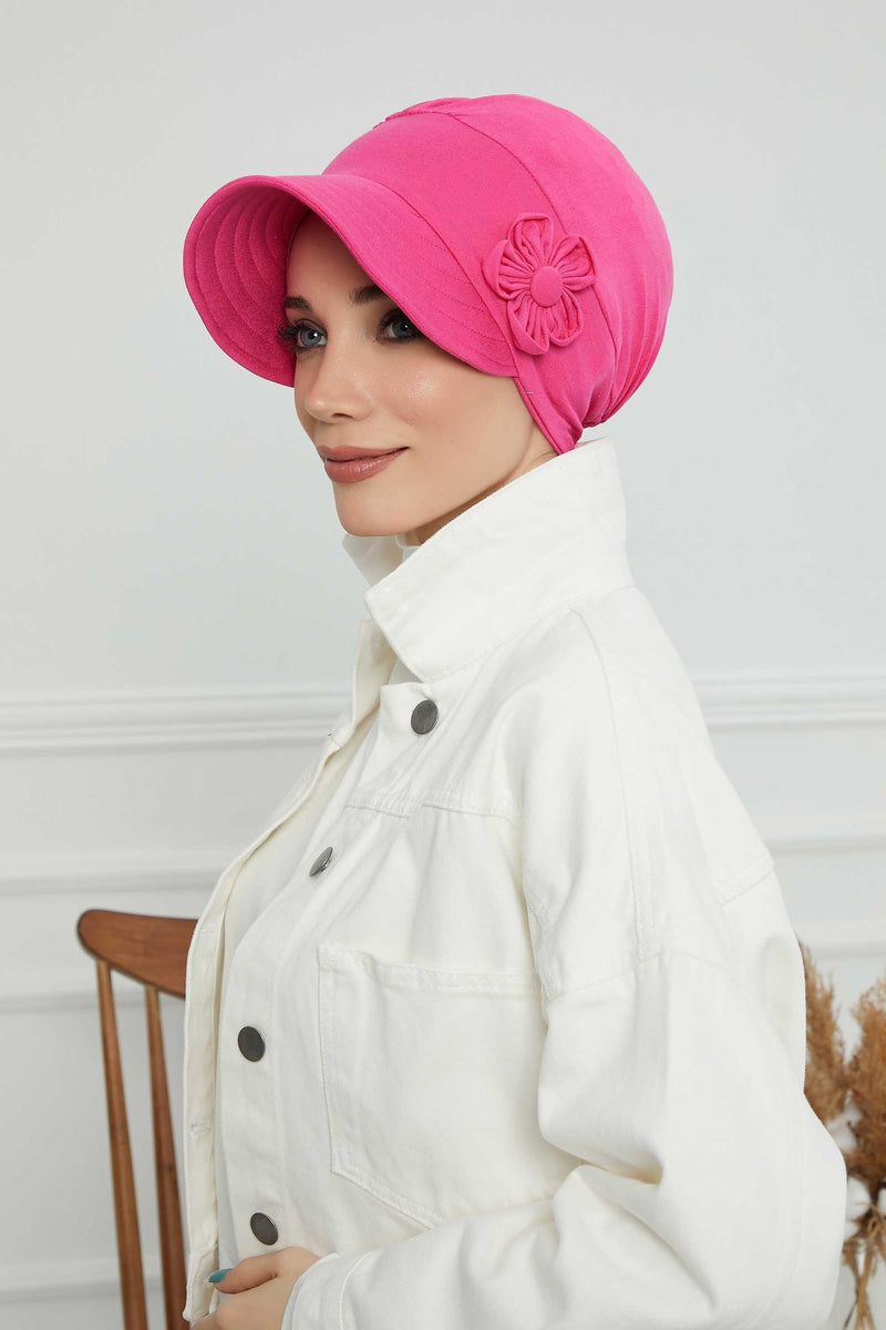 Sun Shield Visor Instant Turban with Flowers Accent, Floral Visor Cap for Women, Sun Protective Women Newsboy Hat, Cotton Chemo Bonnet,B-72 Fuchsia