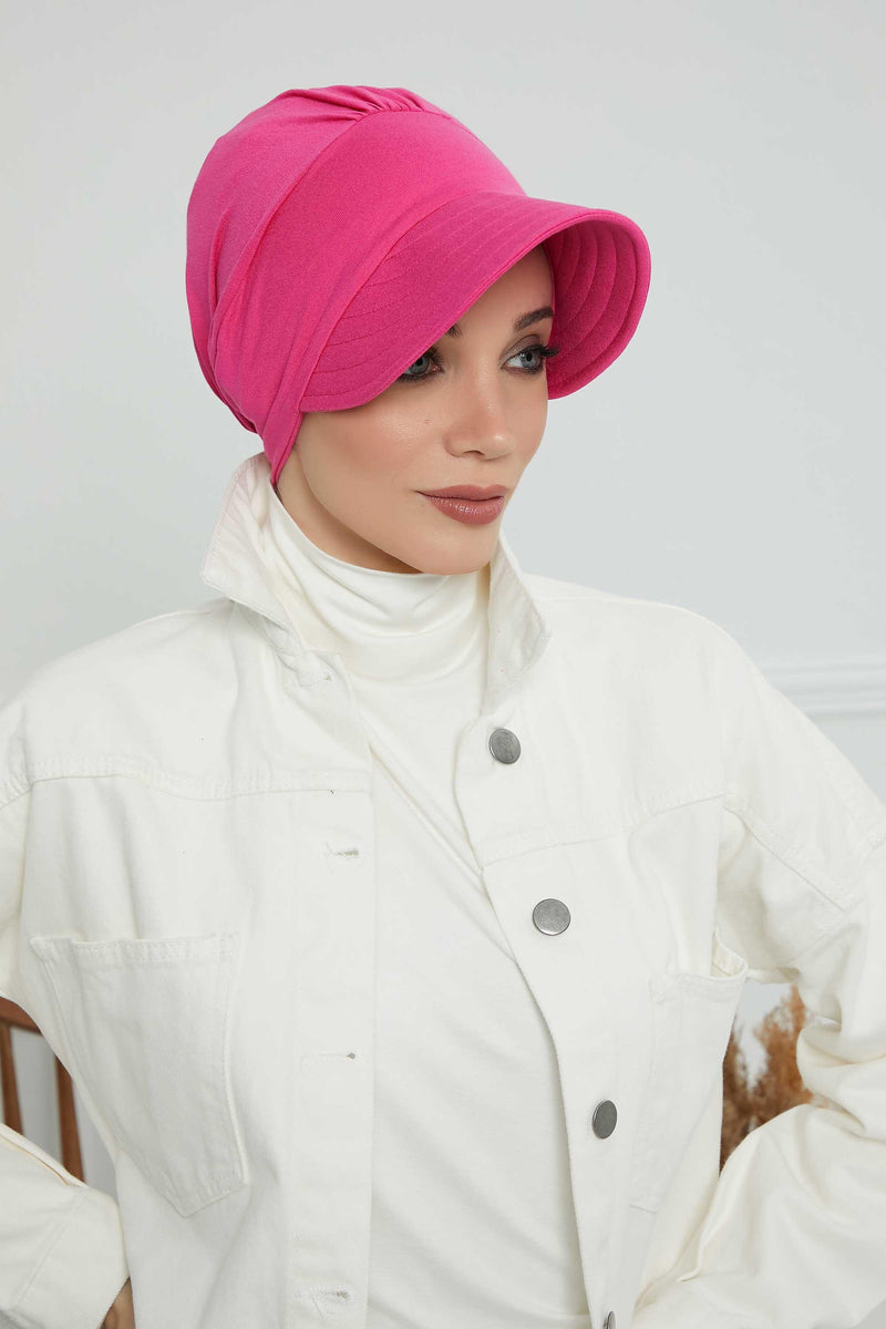 Sun Shield Visor Instant Turban with Flowers Accent, Floral Visor Cap for Women, Sun Protective Women Newsboy Hat, Cotton Chemo Bonnet,B-72 Fuchsia