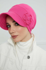 Sun Shield Visor Instant Turban with Flowers Accent, Floral Visor Cap for Women, Sun Protective Women Newsboy Hat, Cotton Chemo Bonnet,B-72 Fuchsia