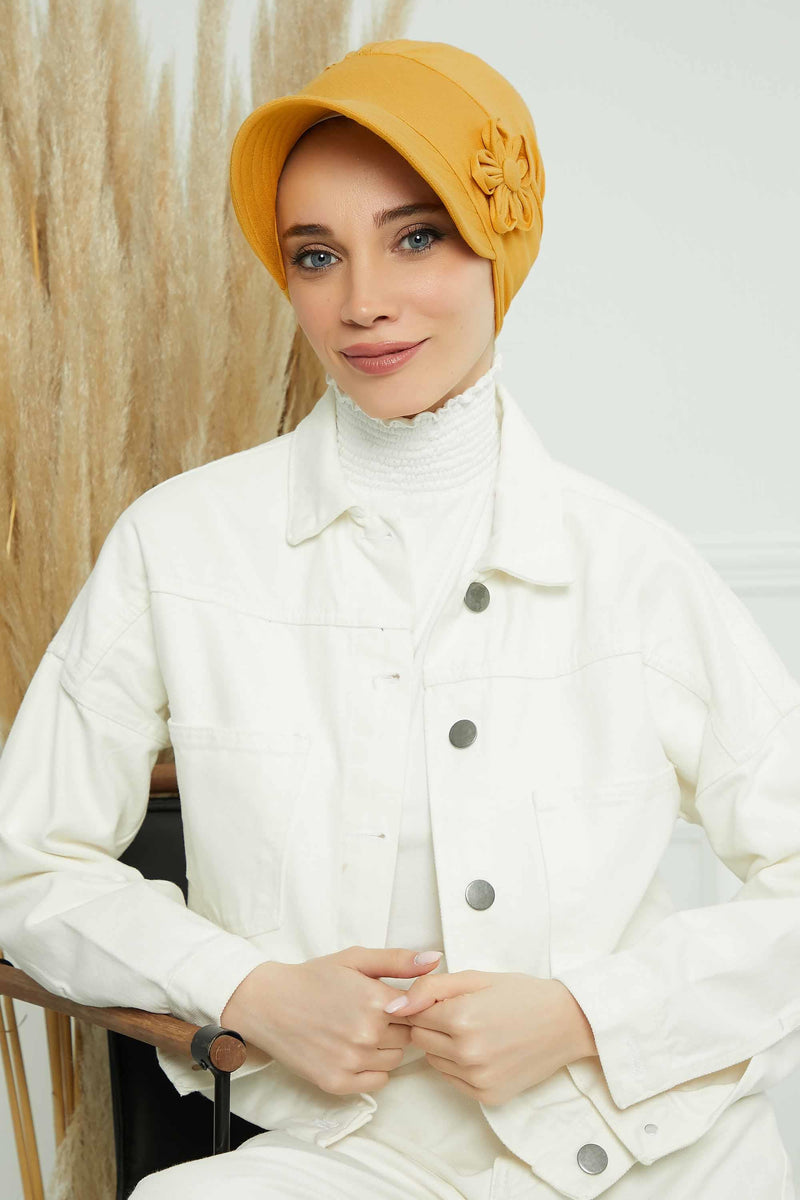 Sun Shield Visor Instant Turban with Flowers Accent, Floral Visor Cap for Women, Sun Protective Women Newsboy Hat, Cotton Chemo Bonnet,B-72 Mustard Yellow
