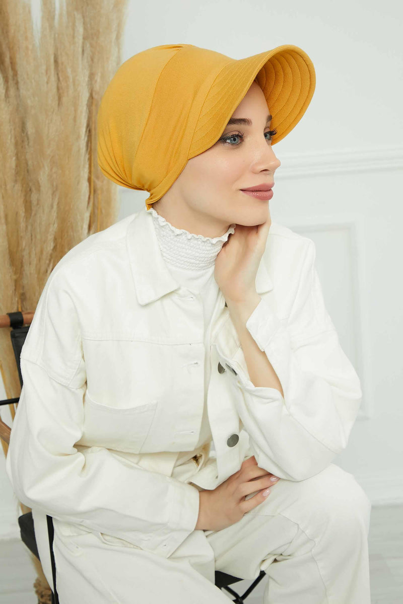 Sun Shield Visor Instant Turban with Flowers Accent, Floral Visor Cap for Women, Sun Protective Women Newsboy Hat, Cotton Chemo Bonnet,B-72 Mustard Yellow