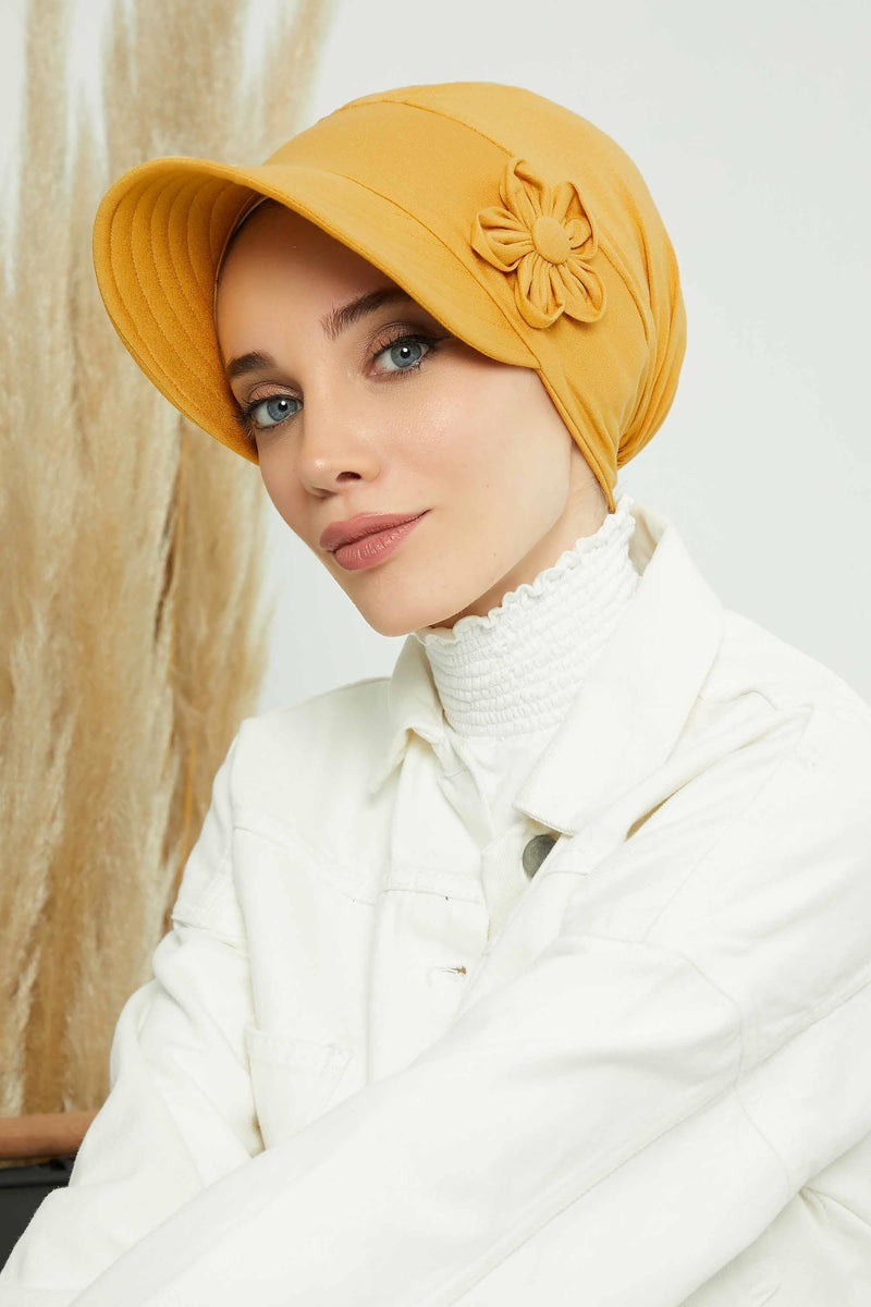 Sun Shield Visor Instant Turban with Flowers Accent, Floral Visor Cap for Women, Sun Protective Women Newsboy Hat, Cotton Chemo Bonnet,B-72 Mustard Yellow