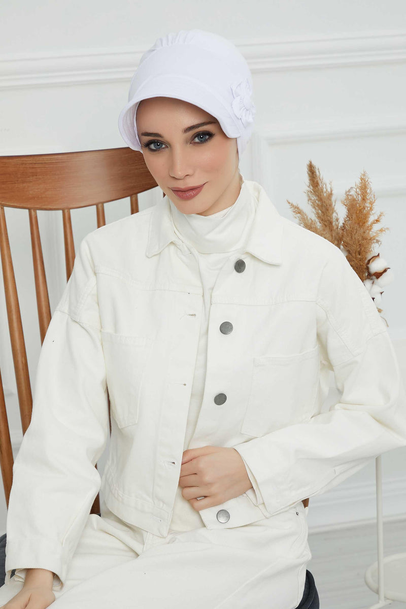 Sun Shield Visor Instant Turban with Flowers Accent, Floral Visor Cap for Women, Sun Protective Women Newsboy Hat, Cotton Chemo Bonnet,B-72 White