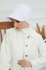 Sun Shield Visor Instant Turban with Flowers Accent, Floral Visor Cap for Women, Sun Protective Women Newsboy Hat, Cotton Chemo Bonnet,B-72 White