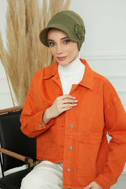 Sun Shield Visor Instant Turban with Flowers Accent, Floral Visor Cap for Women, Sun Protective Women Newsboy Hat, Cotton Chemo Bonnet,B-72 Army Green