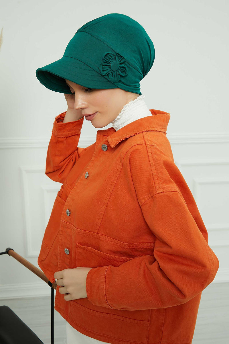 Sun Shield Visor Instant Turban with Flowers Accent, Floral Visor Cap for Women, Sun Protective Women Newsboy Hat, Cotton Chemo Bonnet,B-72 Green