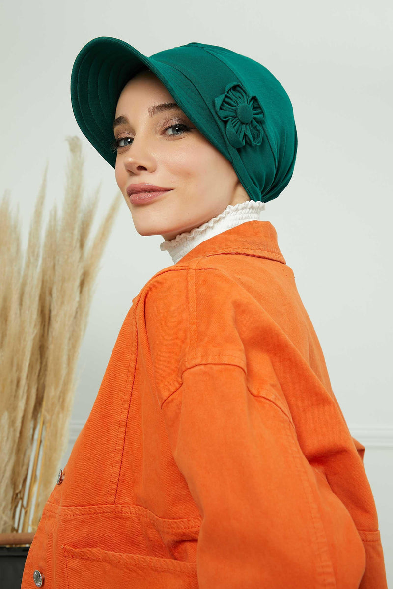 Sun Shield Visor Instant Turban with Flowers Accent, Floral Visor Cap for Women, Sun Protective Women Newsboy Hat, Cotton Chemo Bonnet,B-72 Green