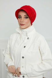 Sun Shield Visor Instant Turban with Flowers Accent, Floral Visor Cap for Women, Sun Protective Women Newsboy Hat, Cotton Chemo Bonnet,B-72 Red