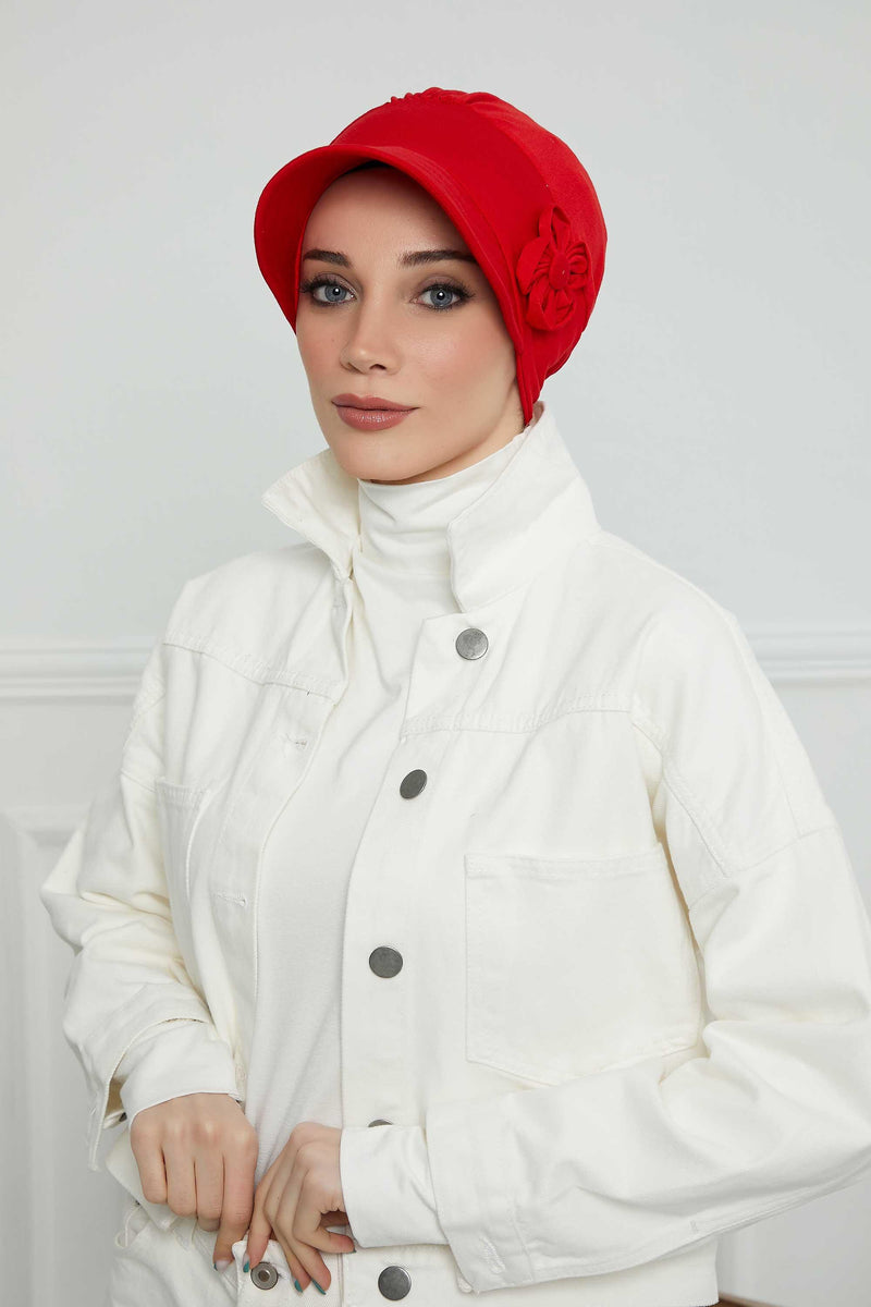 Sun Shield Visor Instant Turban with Flowers Accent, Floral Visor Cap for Women, Sun Protective Women Newsboy Hat, Cotton Chemo Bonnet,B-72 Red