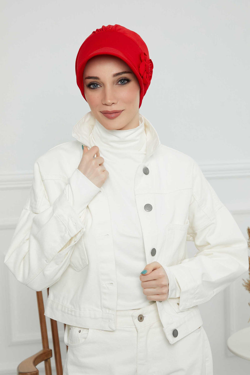 Sun Shield Visor Instant Turban with Flowers Accent, Floral Visor Cap for Women, Sun Protective Women Newsboy Hat, Cotton Chemo Bonnet,B-72 Red