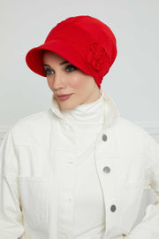 Sun Shield Visor Instant Turban with Flowers Accent, Floral Visor Cap for Women, Sun Protective Women Newsboy Hat, Cotton Chemo Bonnet,B-72 Red