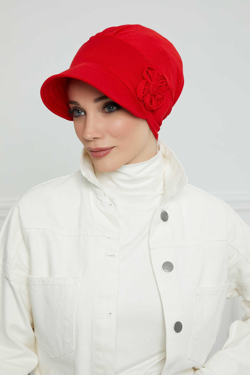 Sun Shield Visor Instant Turban with Flowers Accent, Floral Visor Cap for Women, Sun Protective Women Newsboy Hat, Cotton Chemo Bonnet,B-72 Red