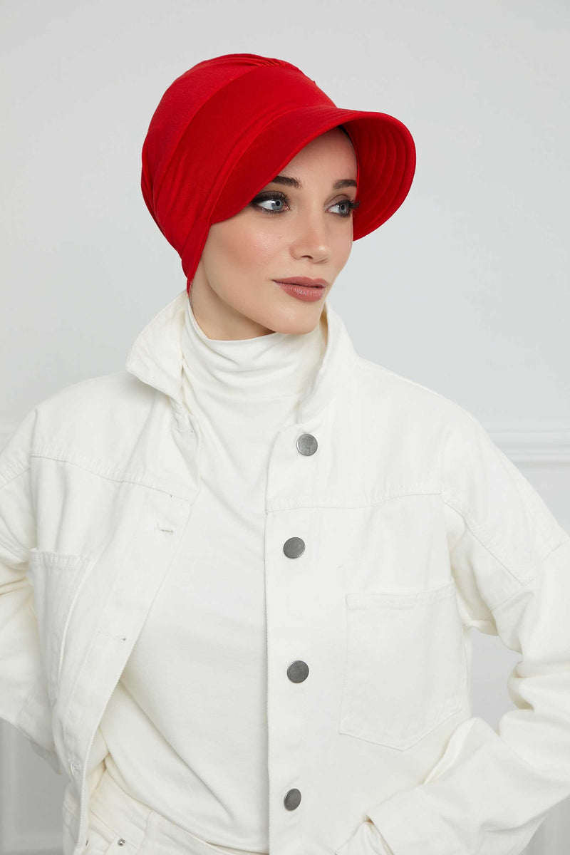 Sun Shield Visor Instant Turban with Flowers Accent, Floral Visor Cap for Women, Sun Protective Women Newsboy Hat, Cotton Chemo Bonnet,B-72 Red