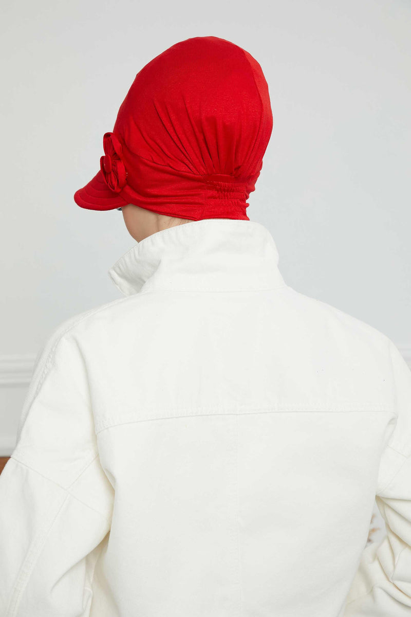 Sun Shield Visor Instant Turban with Flowers Accent, Floral Visor Cap for Women, Sun Protective Women Newsboy Hat, Cotton Chemo Bonnet,B-72 Red