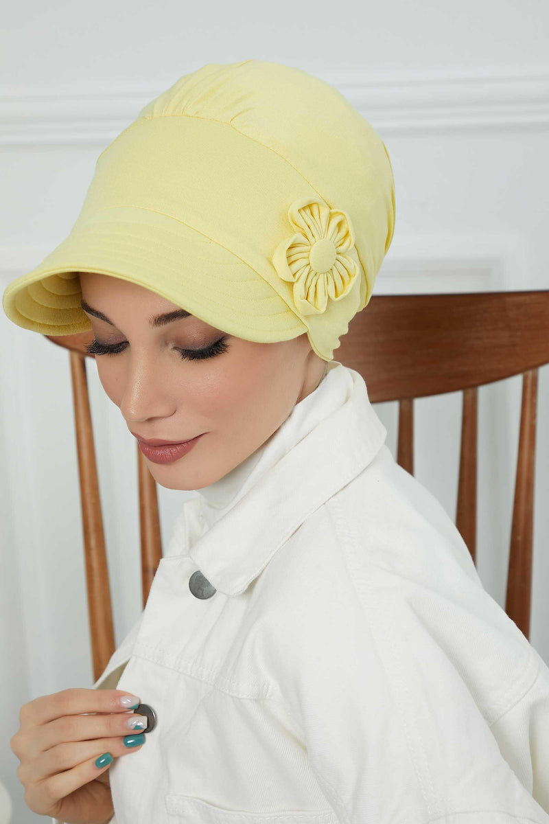 Sun Shield Visor Instant Turban with Flowers Accent, Floral Visor Cap for Women, Sun Protective Women Newsboy Hat, Cotton Chemo Bonnet,B-72 Yellow