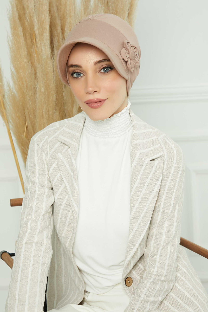 Sun Shield Visor Instant Turban with Flowers Accent, Floral Visor Cap for Women, Sun Protective Women Newsboy Hat, Cotton Chemo Bonnet,B-72 Mink