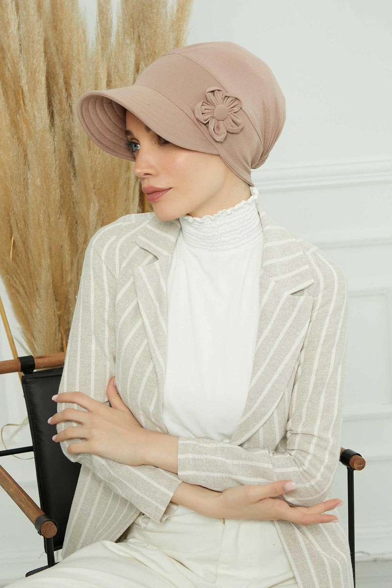 Sun Shield Visor Instant Turban with Flowers Accent, Floral Visor Cap for Women, Sun Protective Women Newsboy Hat, Cotton Chemo Bonnet,B-72 Mink