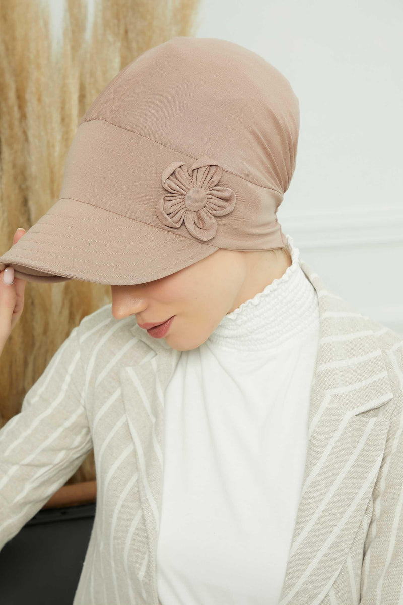 Sun Shield Visor Instant Turban with Flowers Accent, Floral Visor Cap for Women, Sun Protective Women Newsboy Hat, Cotton Chemo Bonnet,B-72 Mink