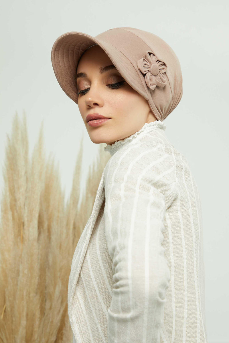 Sun Shield Visor Instant Turban with Flowers Accent, Floral Visor Cap for Women, Sun Protective Women Newsboy Hat, Cotton Chemo Bonnet,B-72 Mink