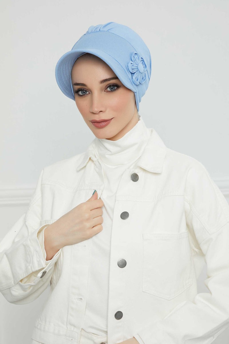 Sun Shield Visor Instant Turban with Flowers Accent, Floral Visor Cap for Women, Sun Protective Women Newsboy Hat, Cotton Chemo Bonnet,B-72 Blue