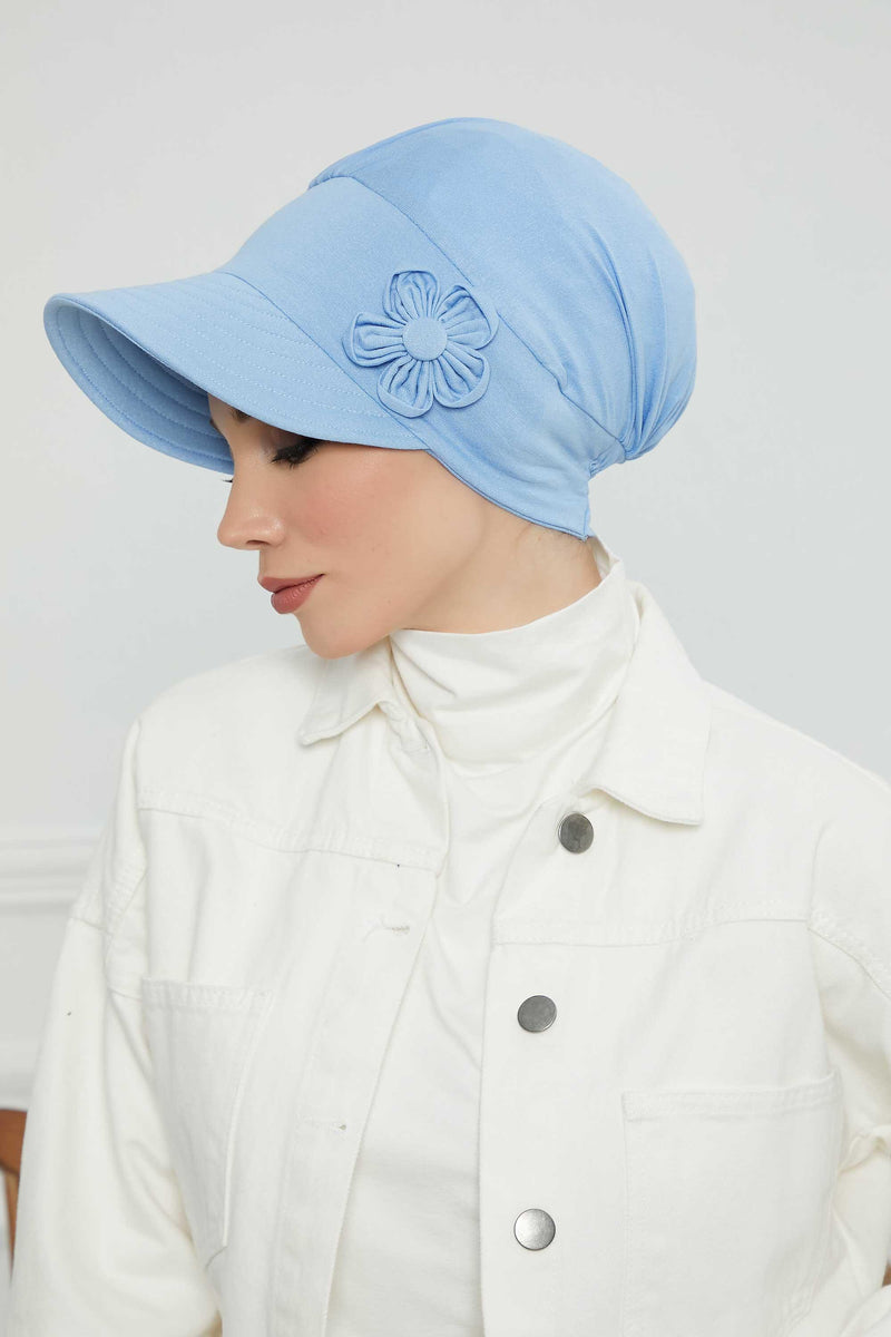 Sun Shield Visor Instant Turban with Flowers Accent, Floral Visor Cap for Women, Sun Protective Women Newsboy Hat, Cotton Chemo Bonnet,B-72 Blue