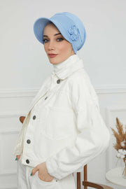 Sun Shield Visor Instant Turban with Flowers Accent, Floral Visor Cap for Women, Sun Protective Women Newsboy Hat, Cotton Chemo Bonnet,B-72 Blue