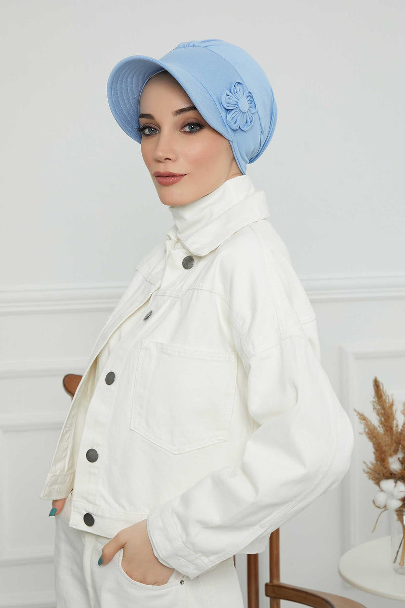 Sun Shield Visor Instant Turban with Flowers Accent, Floral Visor Cap for Women, Sun Protective Women Newsboy Hat, Cotton Chemo Bonnet,B-72 Blue