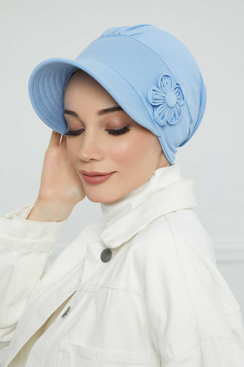 Sun Shield Visor Instant Turban with Flowers Accent, Floral Visor Cap for Women, Sun Protective Women Newsboy Hat, Cotton Chemo Bonnet,B-72 Blue
