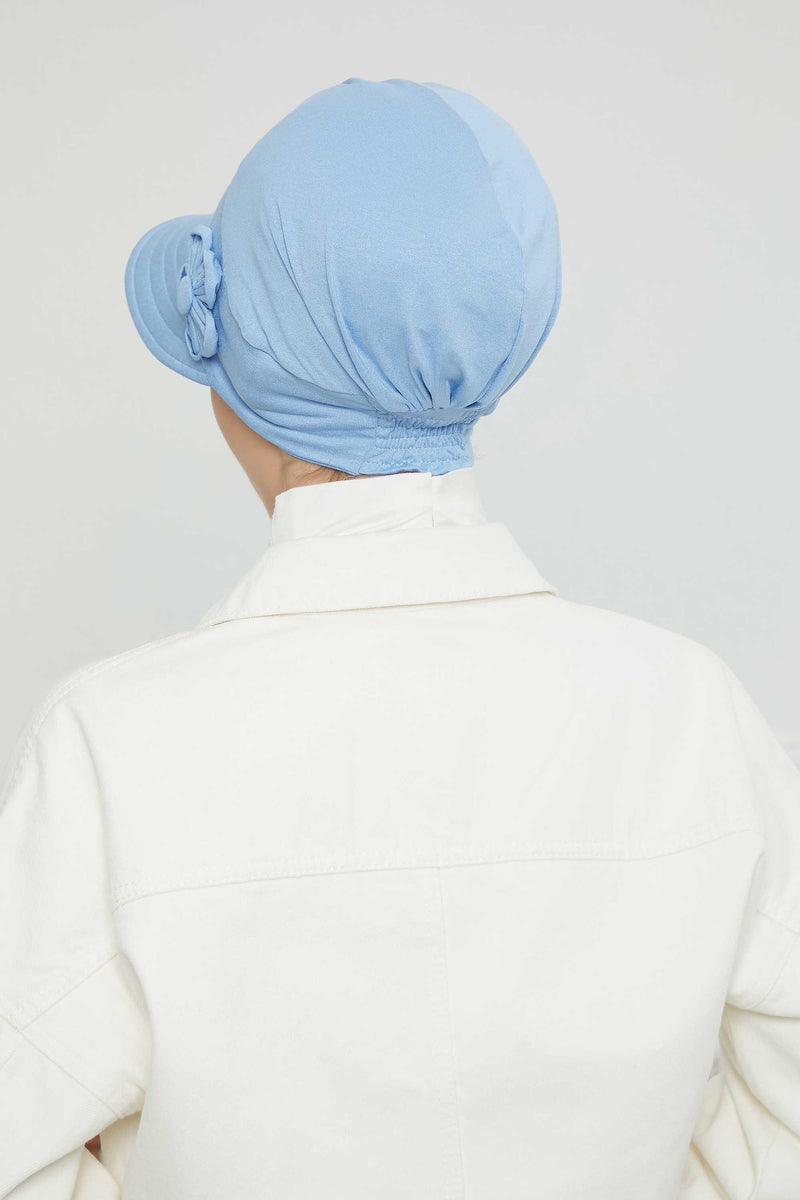 Sun Shield Visor Instant Turban with Flowers Accent, Floral Visor Cap for Women, Sun Protective Women Newsboy Hat, Cotton Chemo Bonnet,B-72 Blue