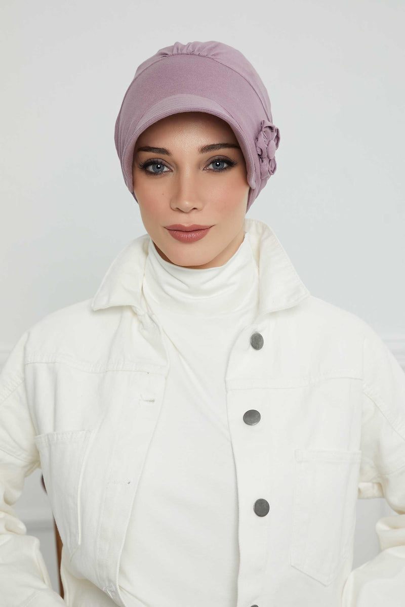 Sun Shield Visor Instant Turban with Flowers Accent, Floral Visor Cap for Women, Sun Protective Women Newsboy Hat, Cotton Chemo Bonnet,B-72 Lilac