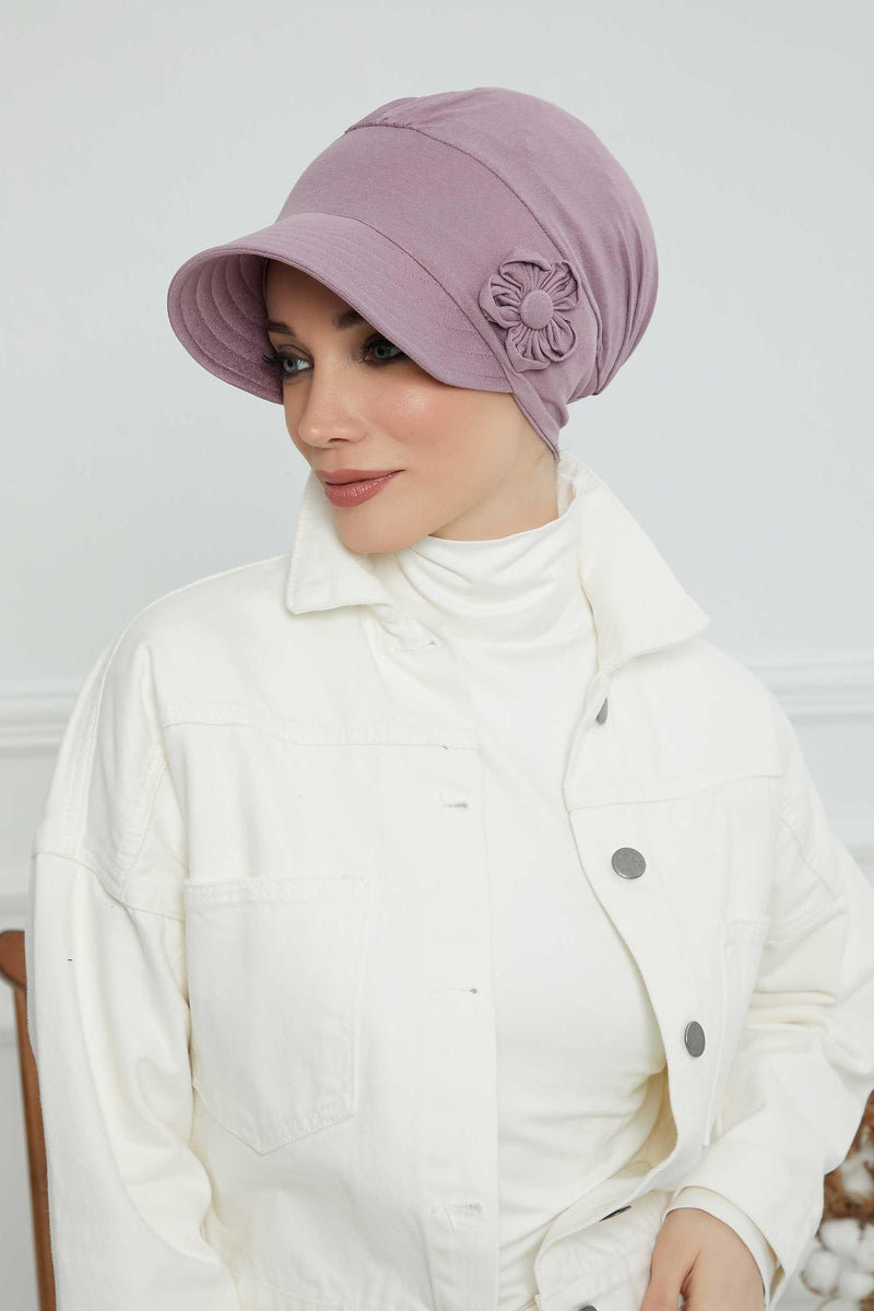 Sun Shield Visor Instant Turban with Flowers Accent, Floral Visor Cap for Women, Sun Protective Women Newsboy Hat, Cotton Chemo Bonnet,B-72 Lilac