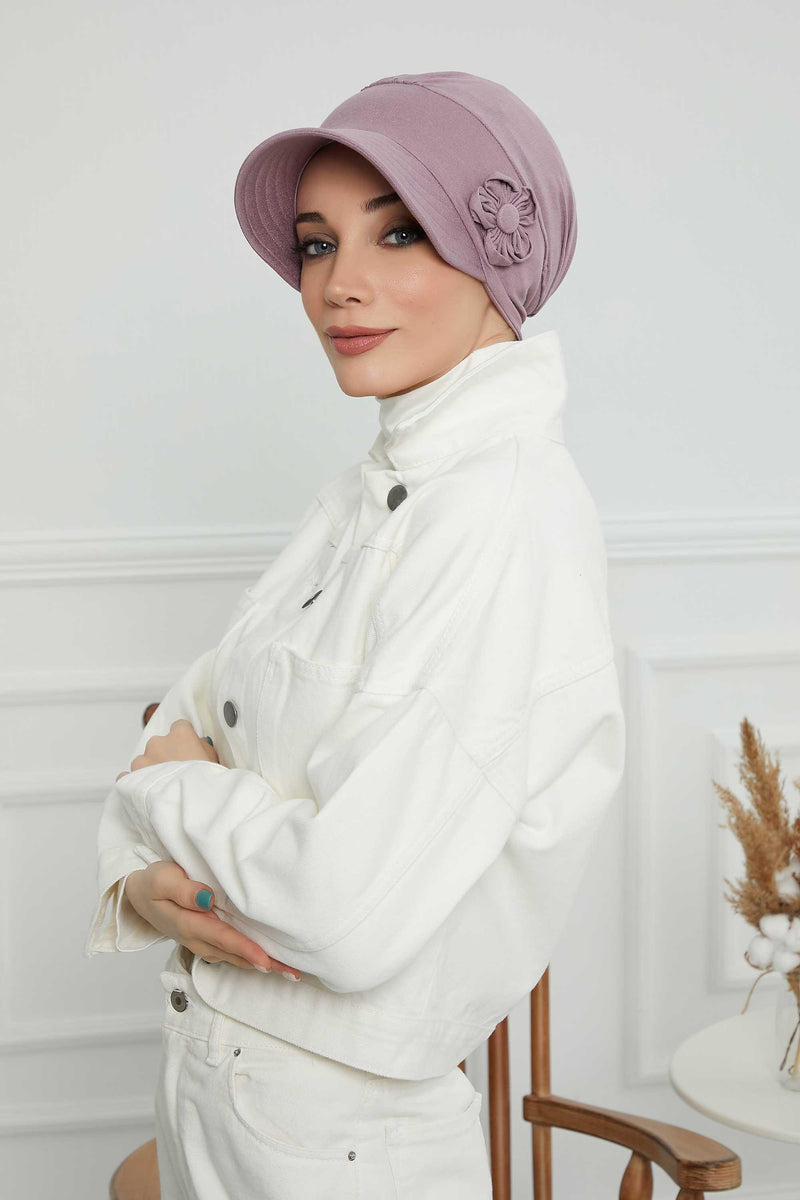 Sun Shield Visor Instant Turban with Flowers Accent, Floral Visor Cap for Women, Sun Protective Women Newsboy Hat, Cotton Chemo Bonnet,B-72 Lilac