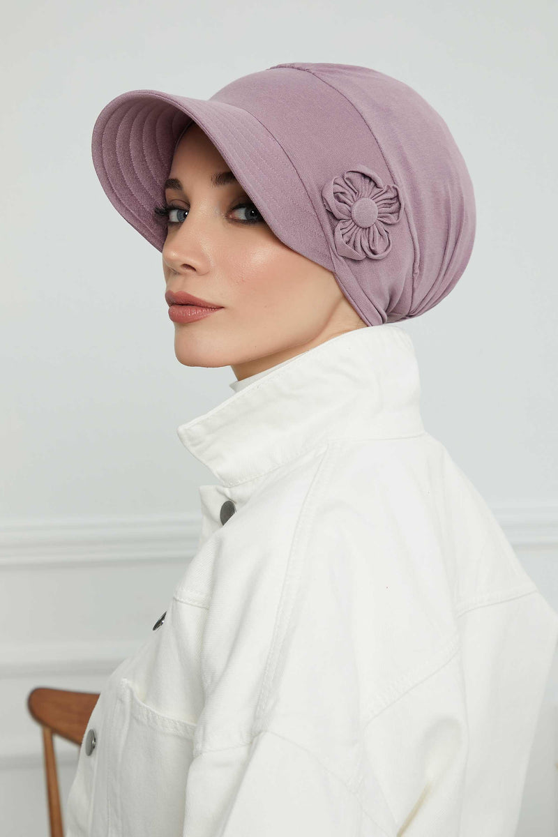Sun Shield Visor Instant Turban with Flowers Accent, Floral Visor Cap for Women, Sun Protective Women Newsboy Hat, Cotton Chemo Bonnet,B-72 Lilac